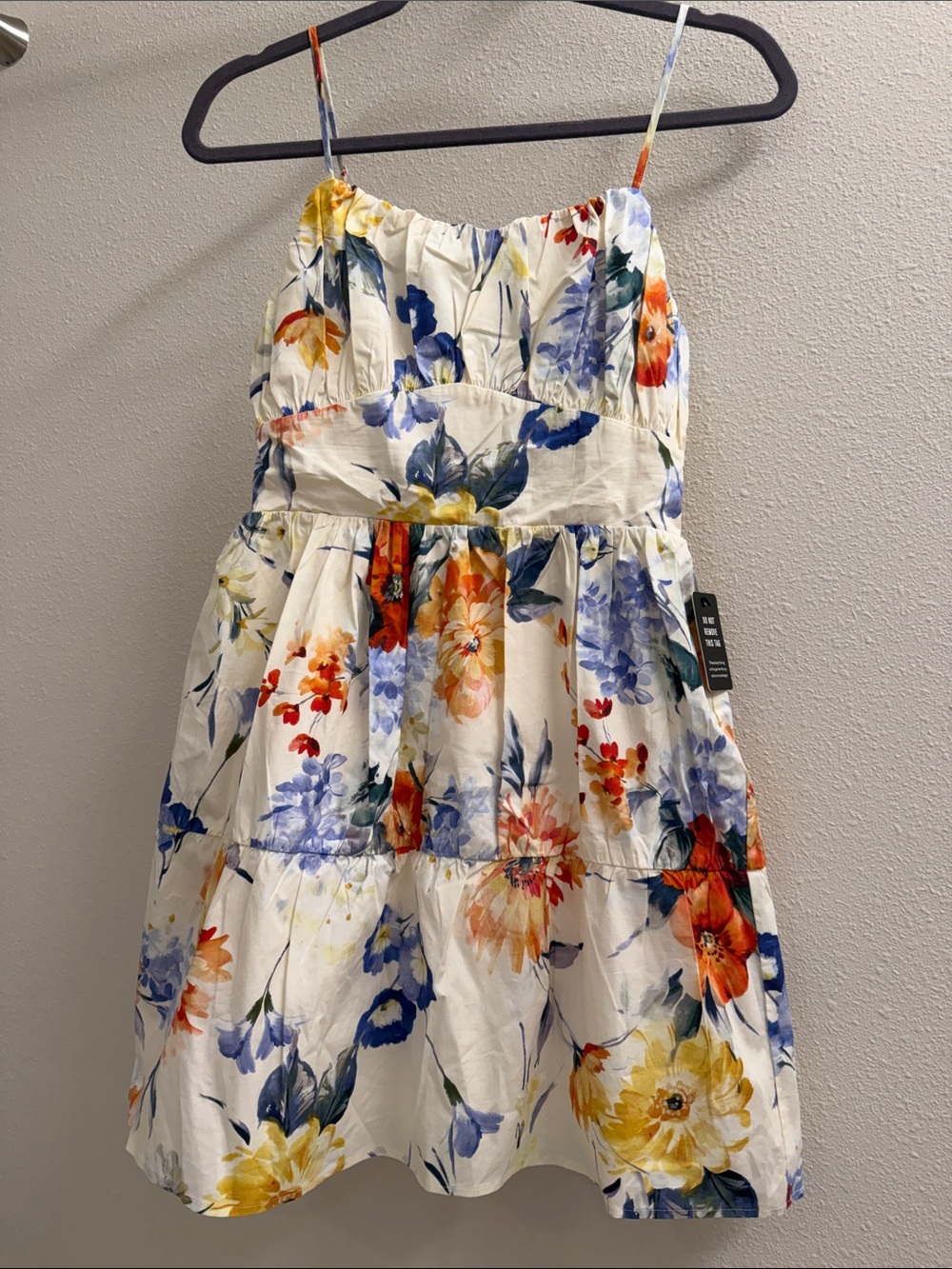 Express White Floral Tiered Mini Dress with Blue, Yellow, and Orange Blooms